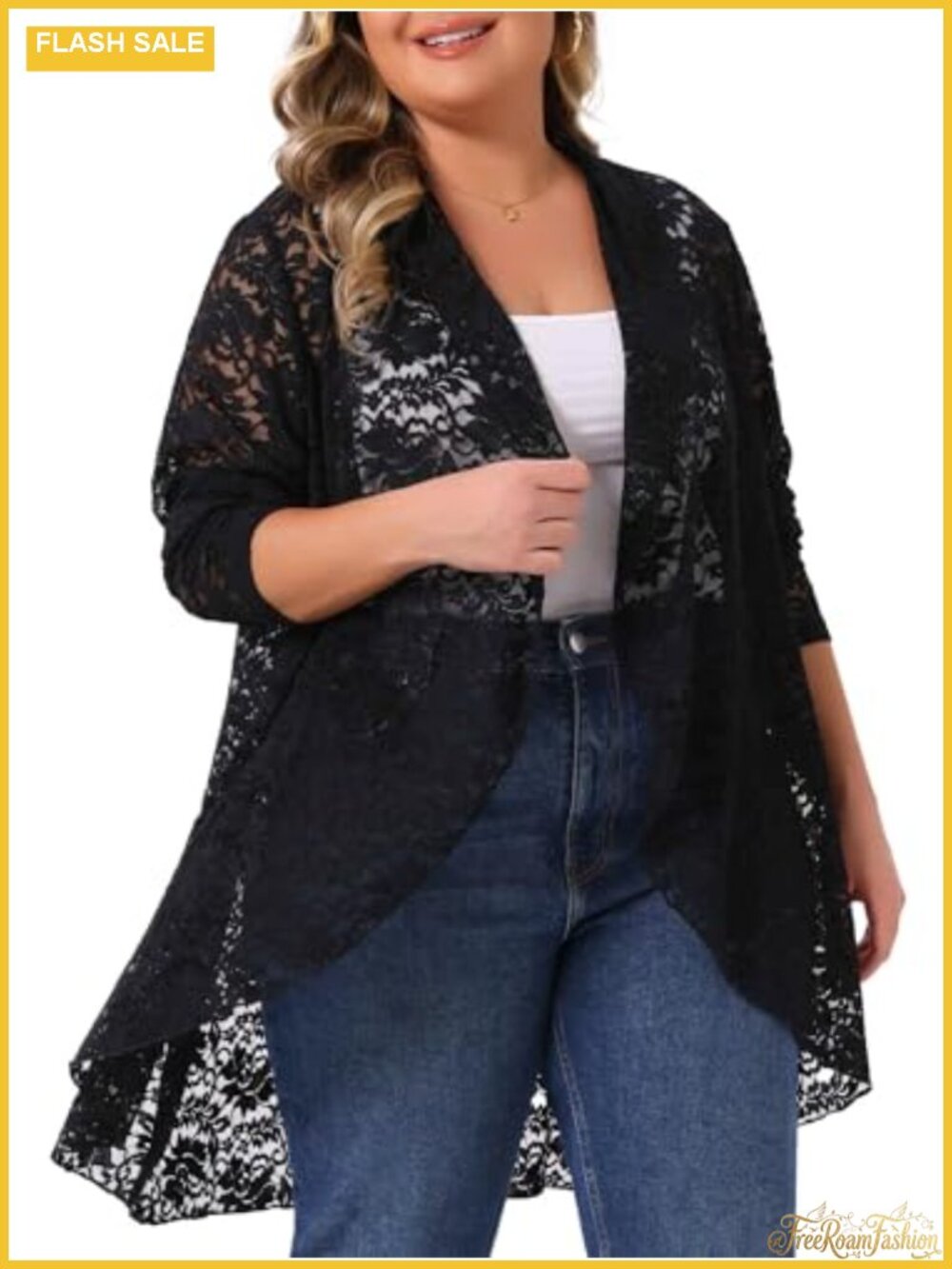 Plus Size Lace Cardigan Women Open Front Long Sleeve Sheer Crochet Cover Up